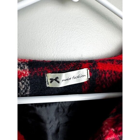 Muice Fashion Plaid Ruffle Snap Button Long Coat Red Black Small - Picture 4 of 7